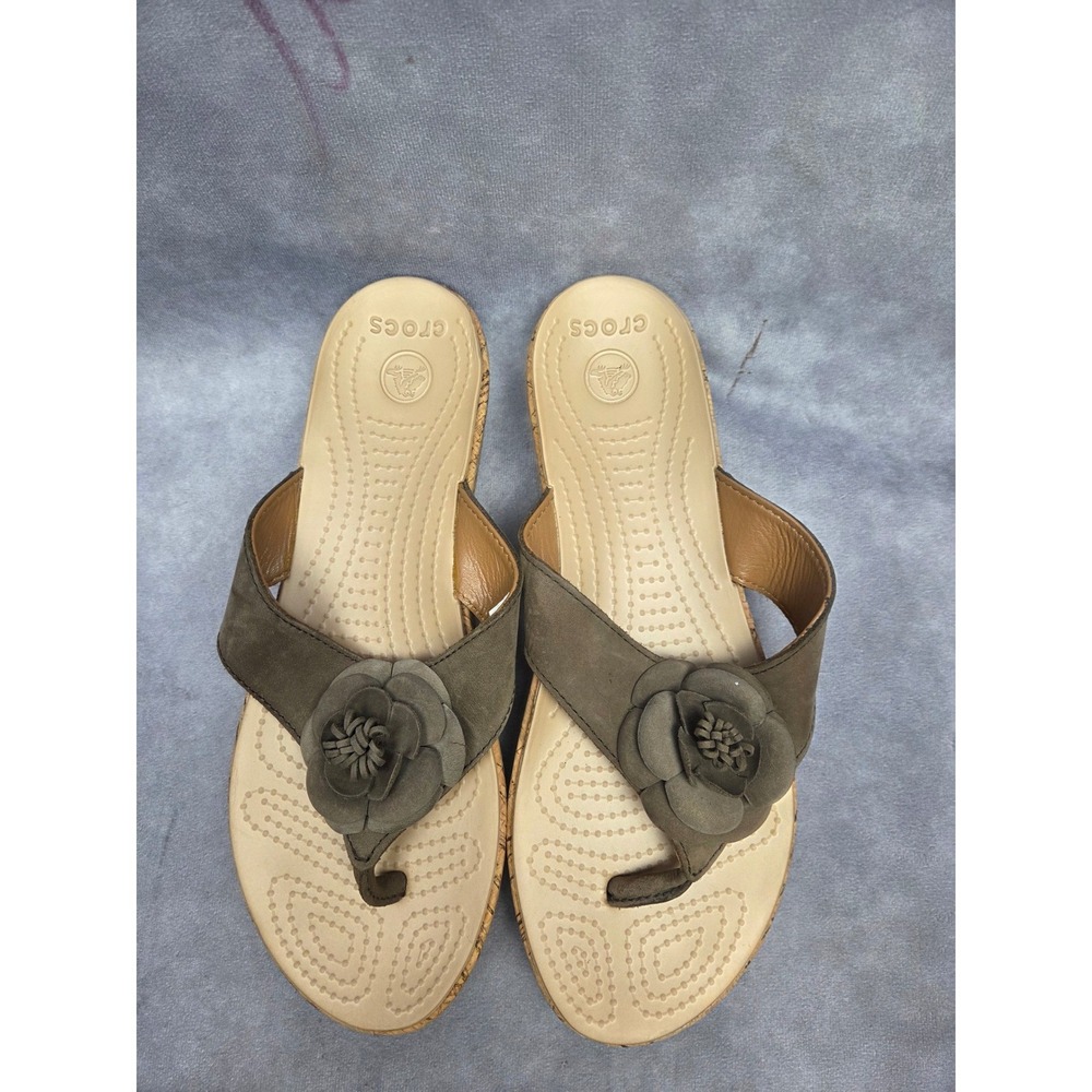 Crocs Cyprus IV Olive Green Floral Cork Wrap Platform Wedge Sandals W11 15368